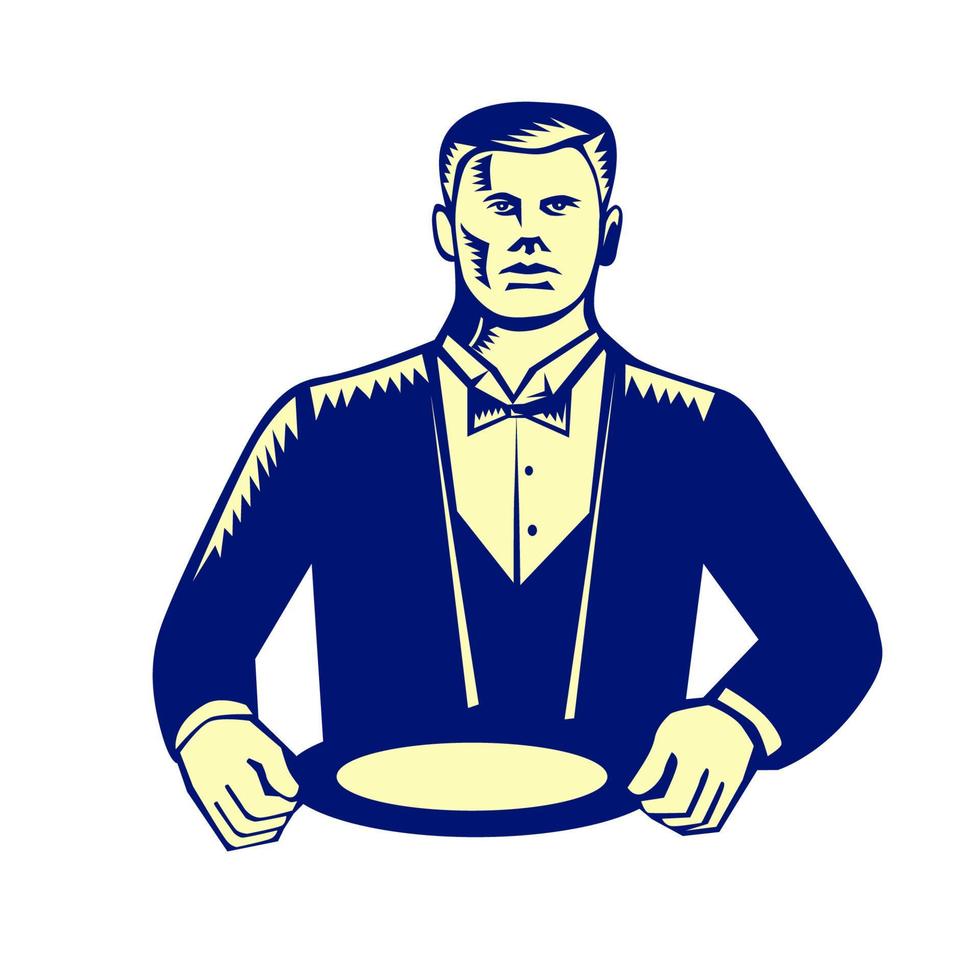 Cameriere cravatta servendo piatto incisione vettore