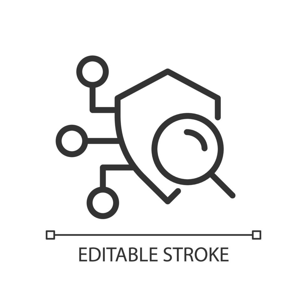 sicurezza scansione pixel Perfetto lineare icona. rilevamento sistema debolezze. ricerca vulnerabilità, difetti. magro linea illustrazione. contorno simbolo. vettore schema disegno. modificabile ictus.