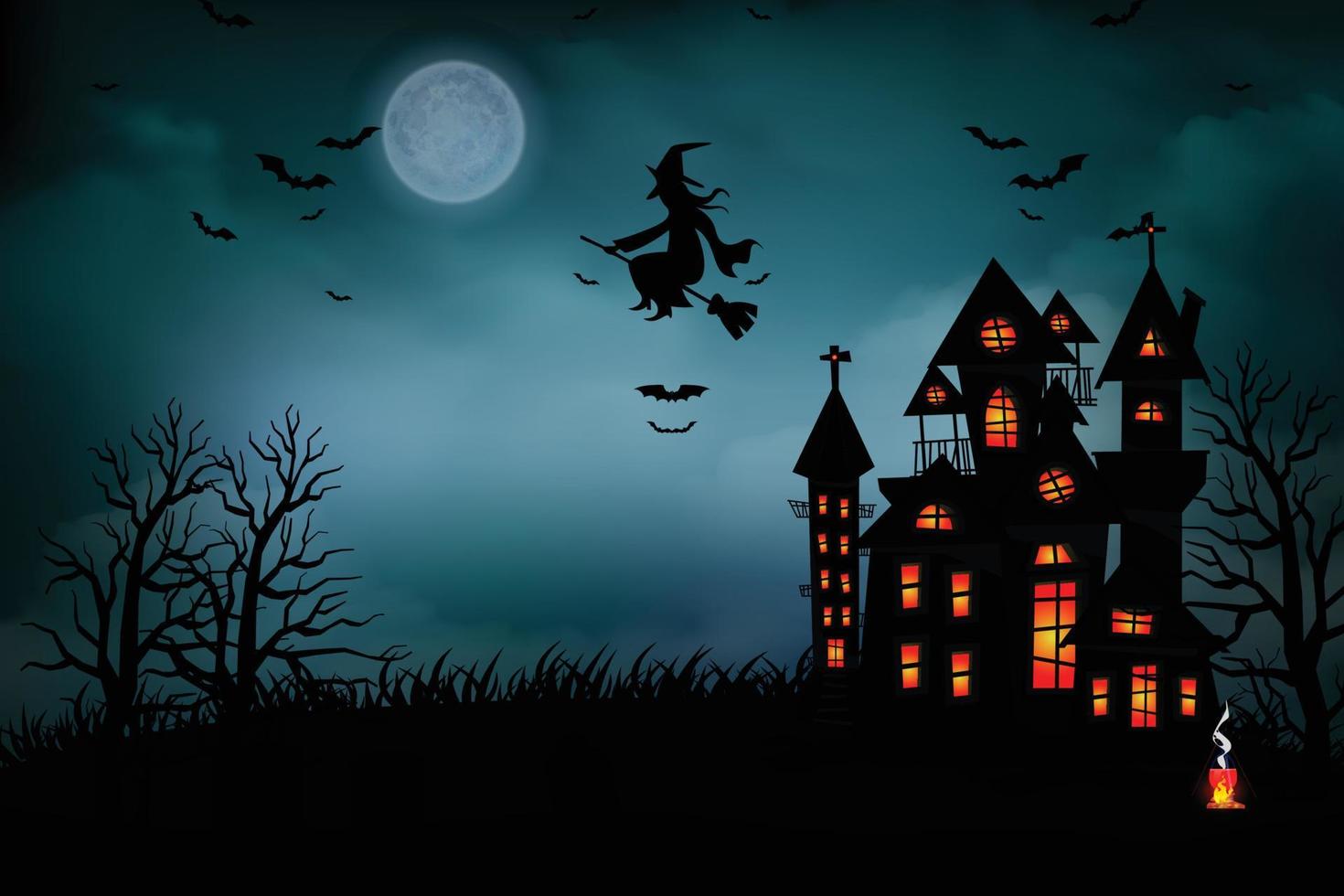 Halloween scene con il silhouette di un' castello un' raggiante Luna e morto alberi illustrazione. vettore