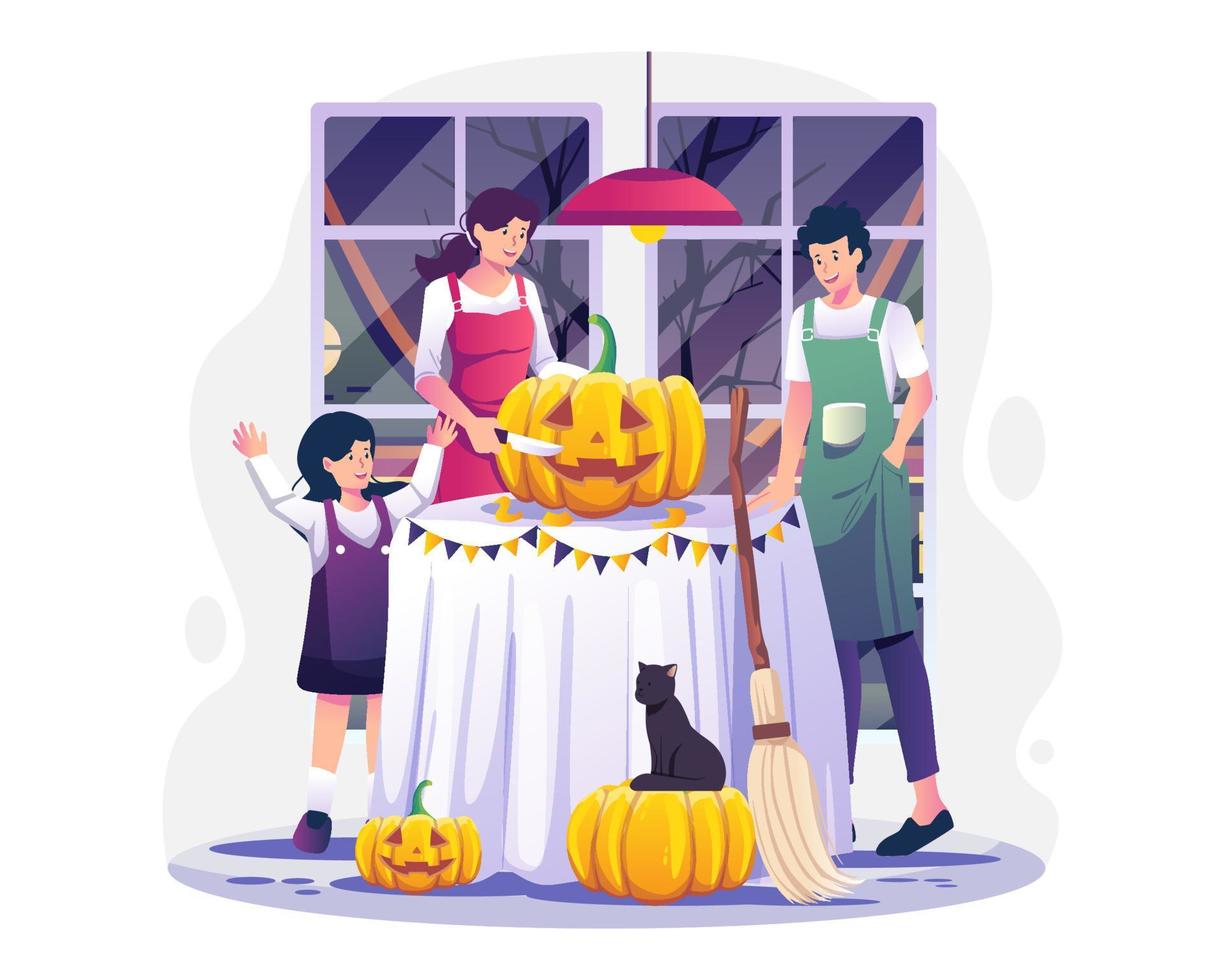 famiglia intaglio zucche a casa preparazione per Halloween. vettore illustrazione nel piatto stile