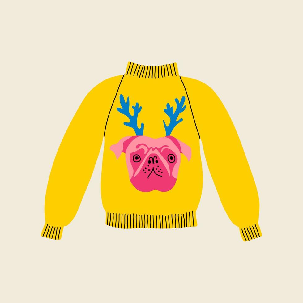 Natale brutto giallo inverno maglione nel piatto linea di moda stile, rosa cane, bulldog con verde corna costume. mano disegnato vacanza cartone animato colorato vettore illustrazione per natale festa. caldo a maglia Maglione.