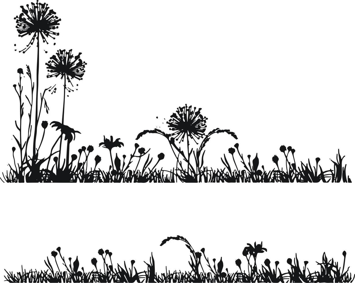 erba silhouette. cartone animato Linee di impianti e arbusti per imbarco e inquadratura, eco e biologico logo elemento. vettore impostato primavera campo piantare forme prato o frontiere giardino. vettore illustrazione