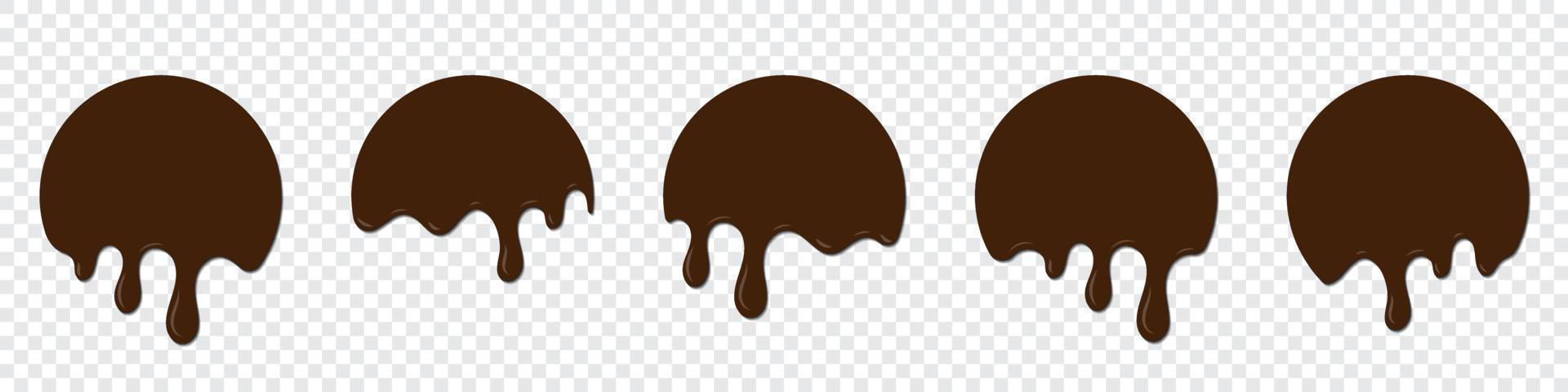 impostato di cioccolato gocce. gocciolante fuso cioccolato. realistico fuso cioccolato. cioccolato gocce. fusione cioccolato. Marrone liquido dolce, dolce gocciolare sciolto. vettore illustrazione