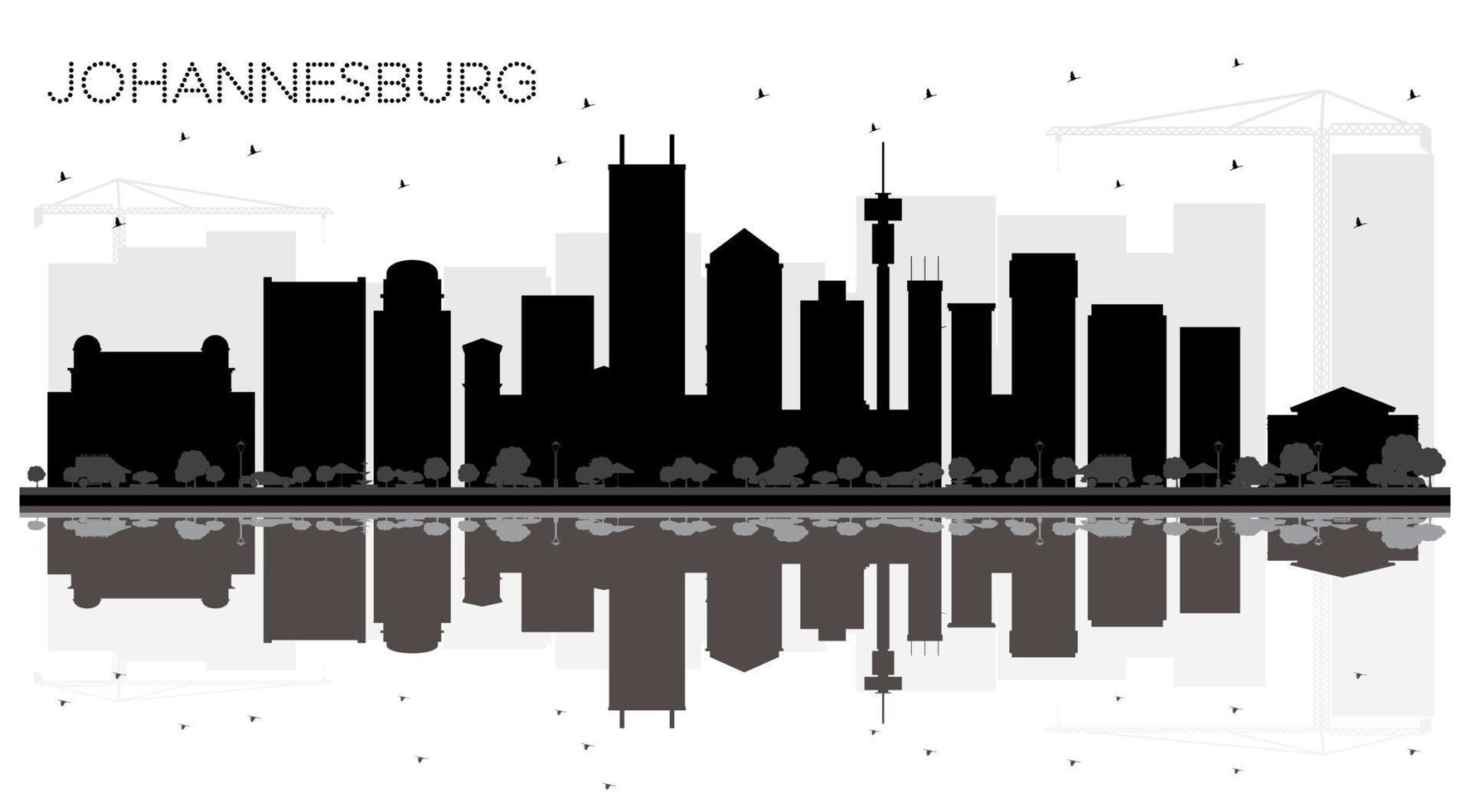 johannesburg Sud Africa città orizzonte nero e bianca silhouette con riflessi. vettore