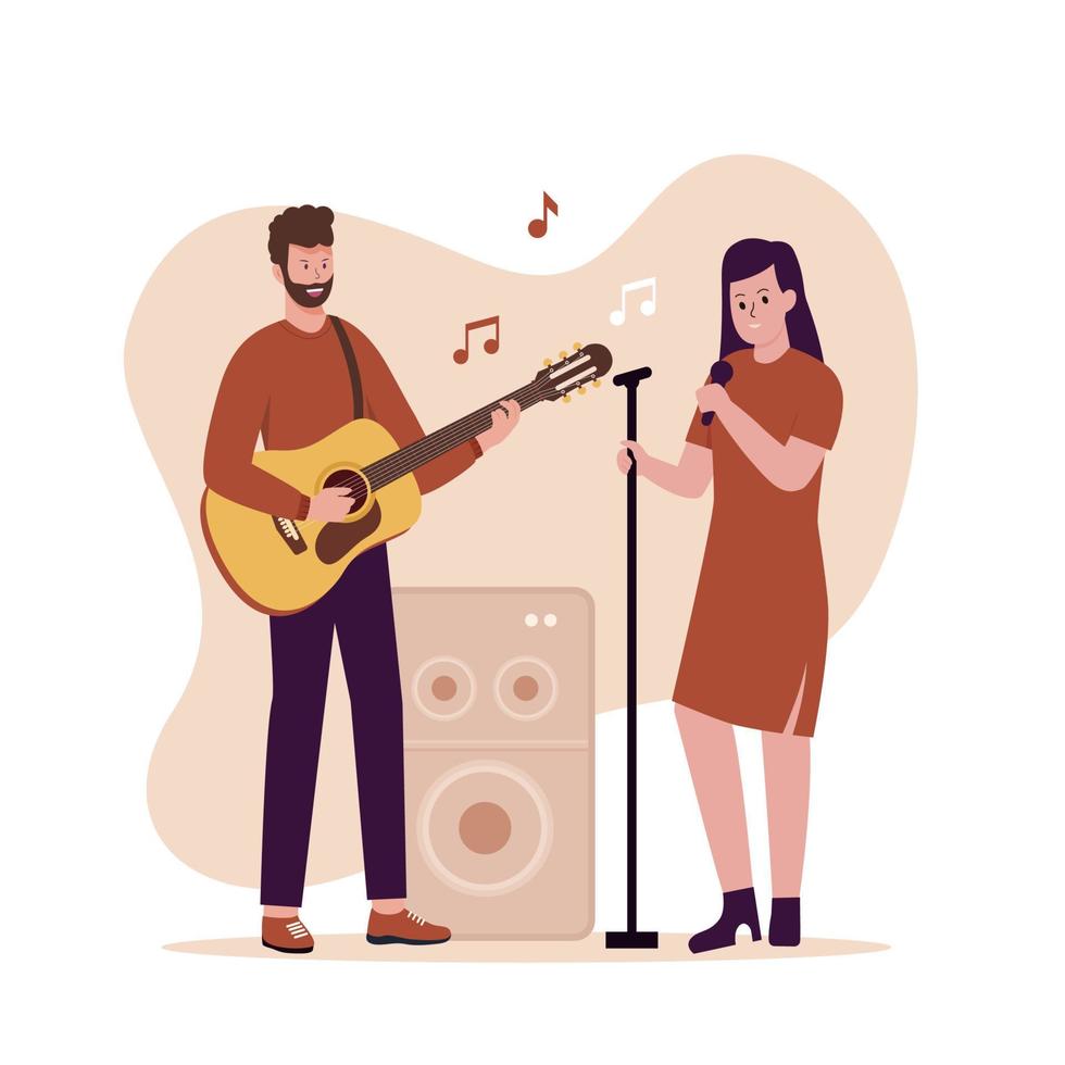piatto design di uomo giocando chitarra e donna cantando con microfono vettore