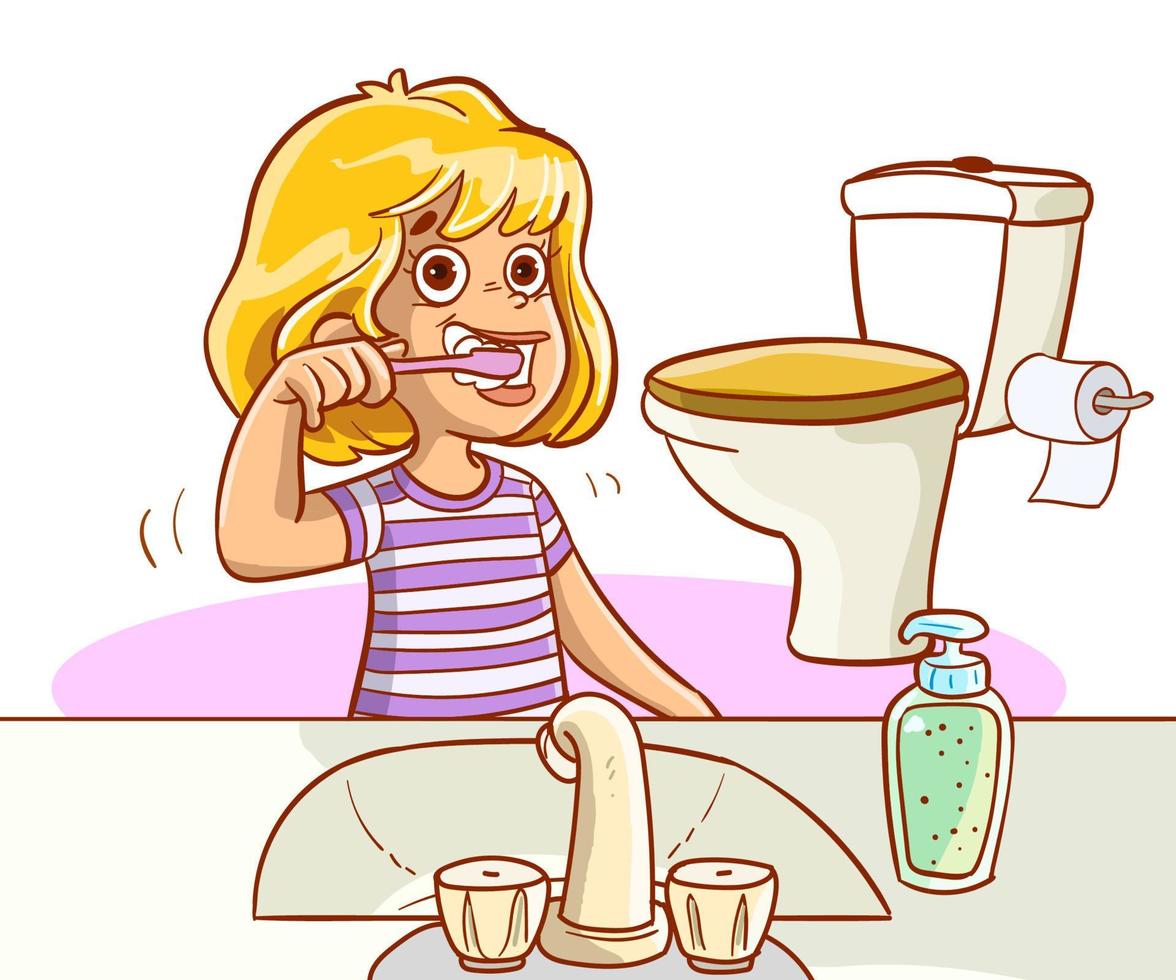 illustrazione di isolato ragazza spazzolatura denti nel bagno. vettore