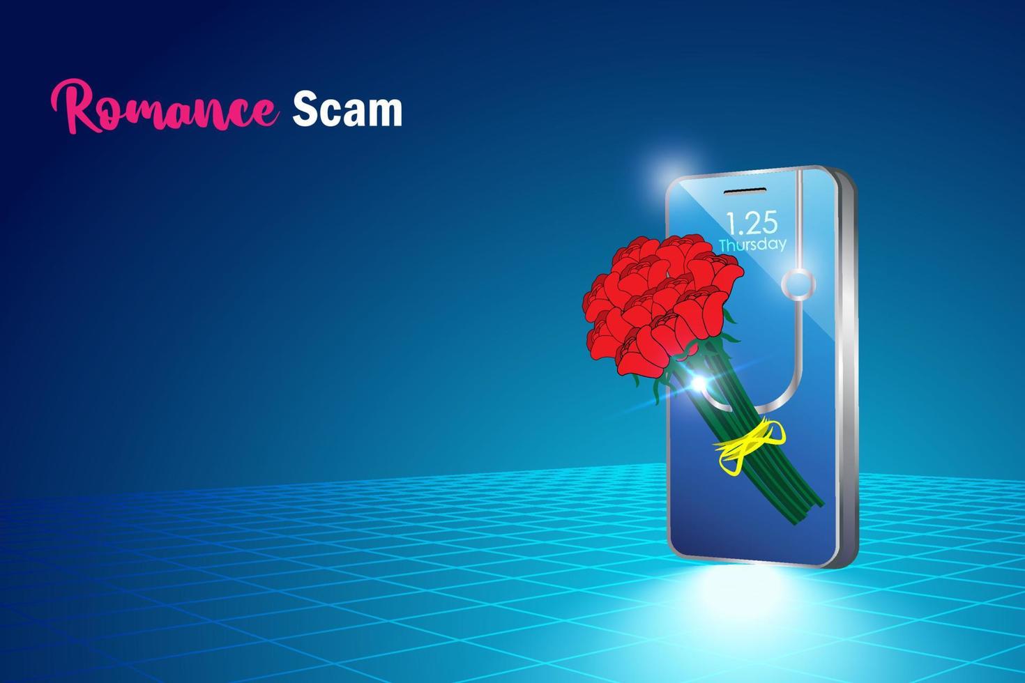 romanza truffa, in linea incontri phishing truffa. rosso Rose mazzo con phishing gancio su smartphone per donna frode chattare. informatica crimine e attacco su donna.mobile vettore