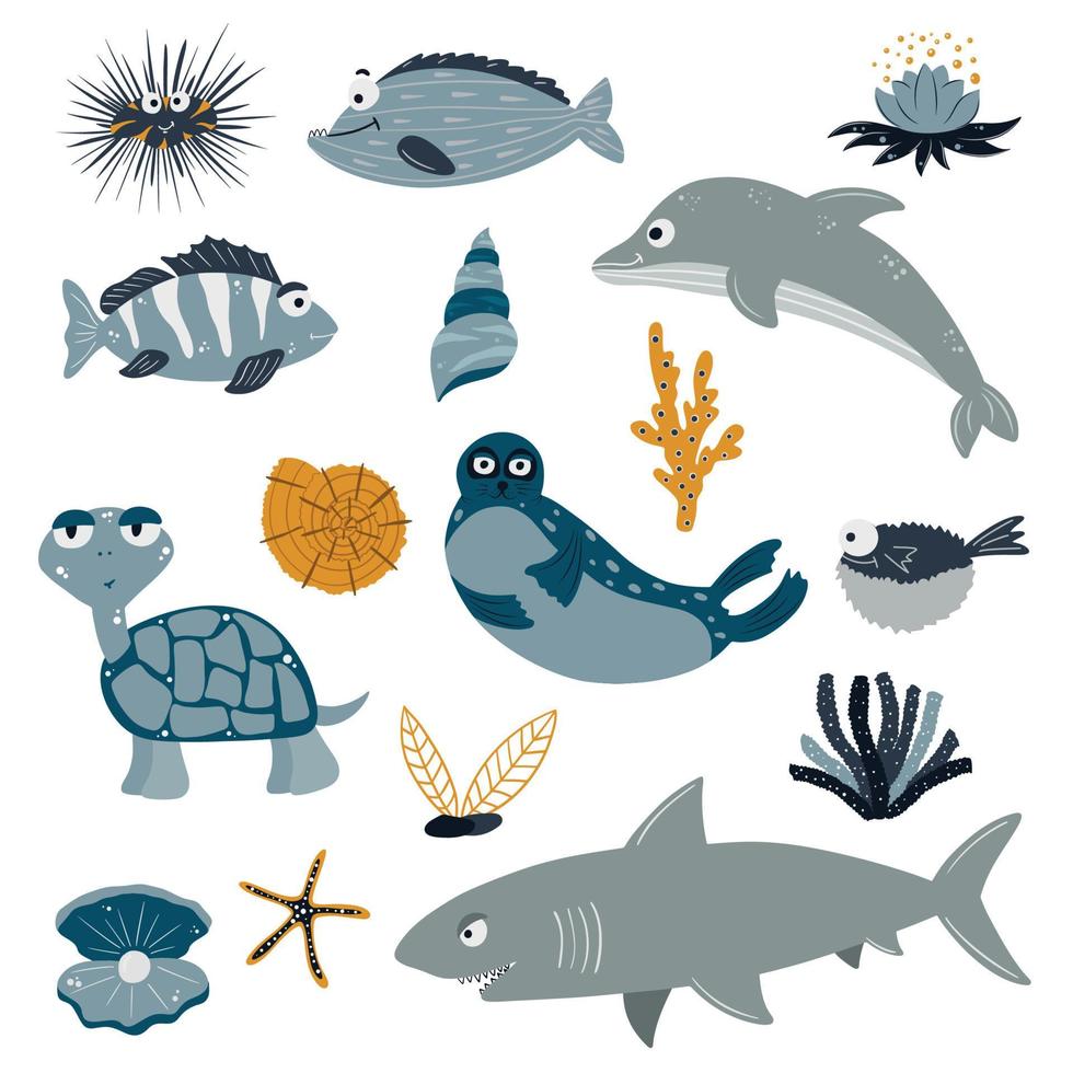 animali marini su sfondo bianco. simpatici e divertenti abitanti del mondo sottomarino marino. illustrazione vettoriale su sfondo bianco.