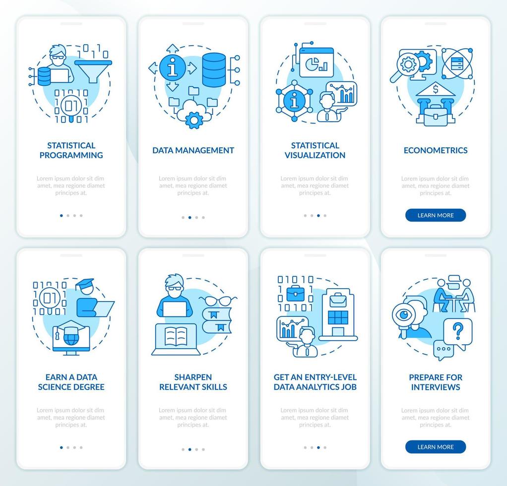 dati gestione esperto blu onboarding mobile App schermo impostare. Procedura dettagliata 4 passaggi modificabile grafico Istruzioni con lineare concetti. ui, ux, gui modello. vettore