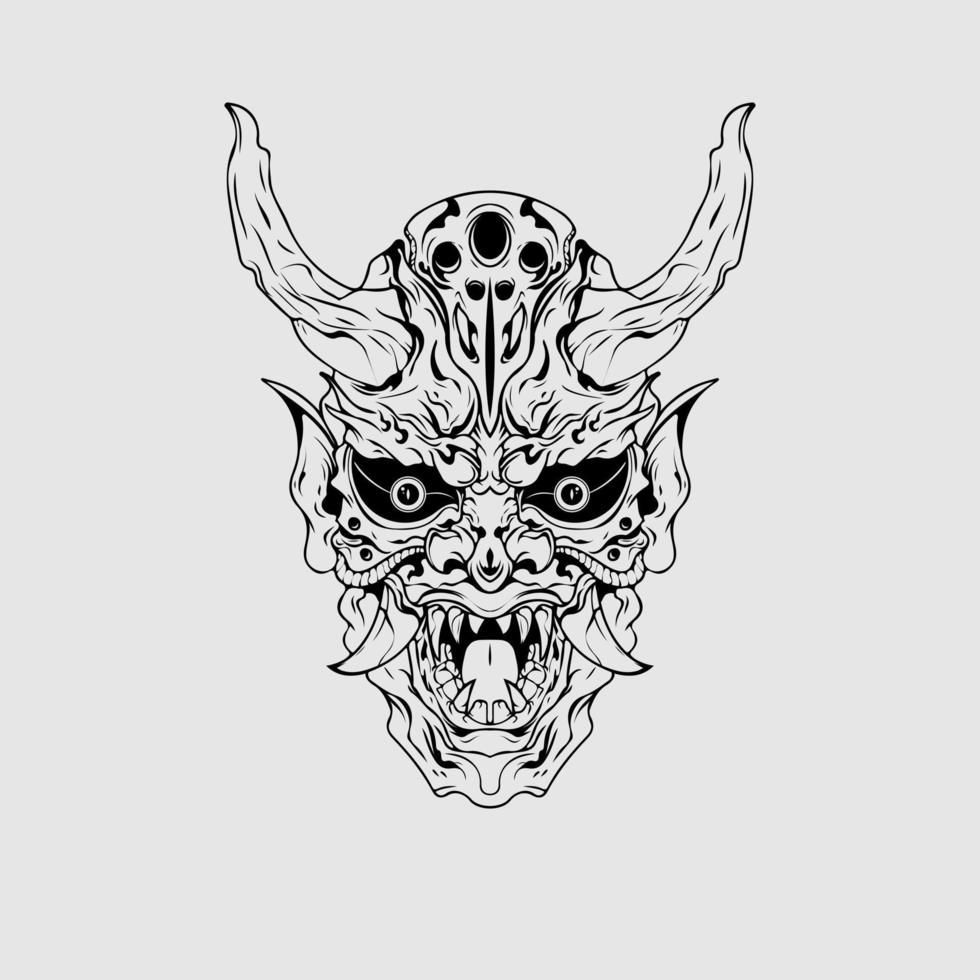 giapponese cultura demone maschera o oni maschera con mano disegnare stile su bianca sfondo. pronto per Stampa abbigliamento e tatuaggi vettore