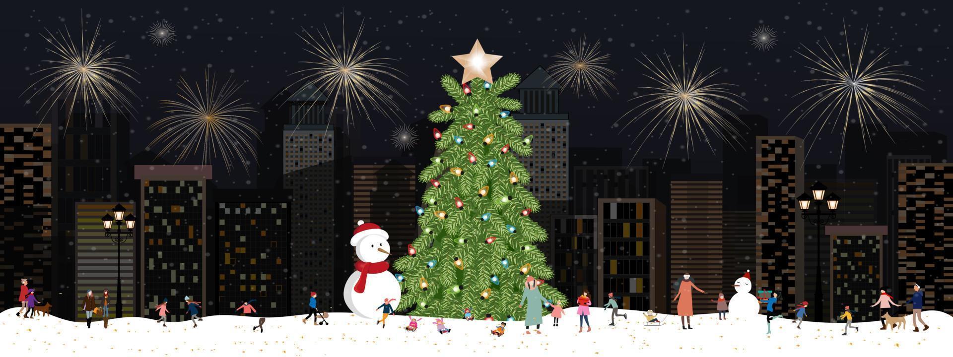 inverno città paesaggio persone festeggiare su Natale notte o nuovo anno, vettore orizzontale bandiera inverno Paese delle meraviglie con fuoco d'artificio su daek cielo nel il cittadina con contento bambini giocando nel il parco