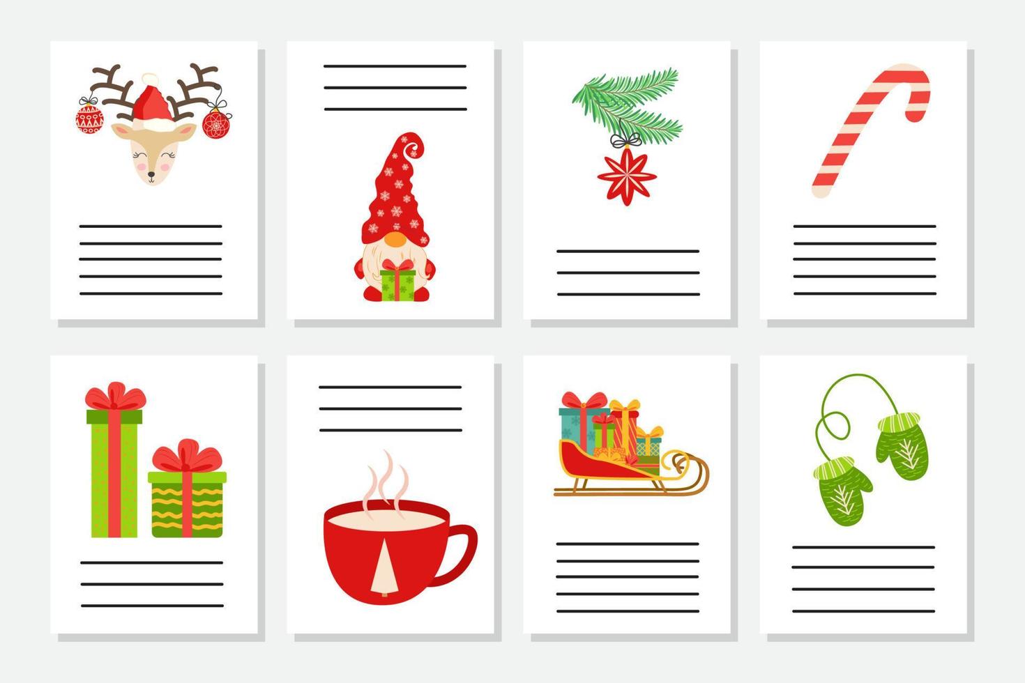 impostato di Natale saluto o invito. cartoline con nuovo anni simboli, Natale albero, fiocchi di neve, i regali, caramella canna vettore