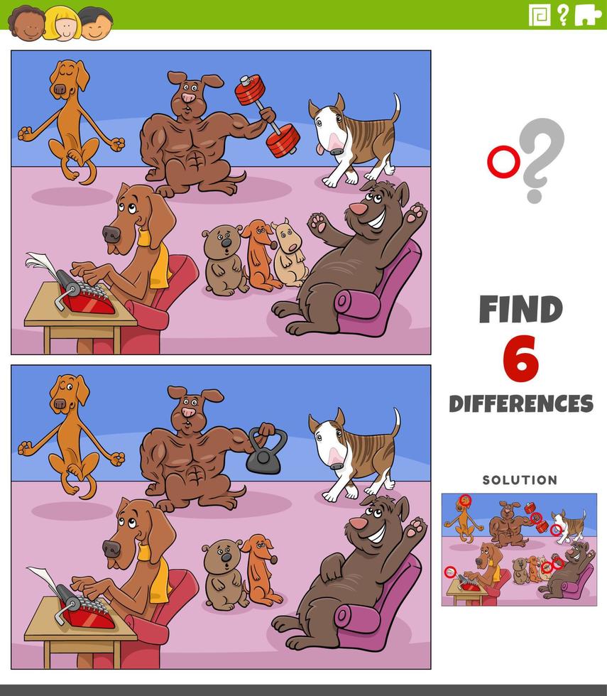 gioco di differenze con personaggi animali cani cartoni animati vettore