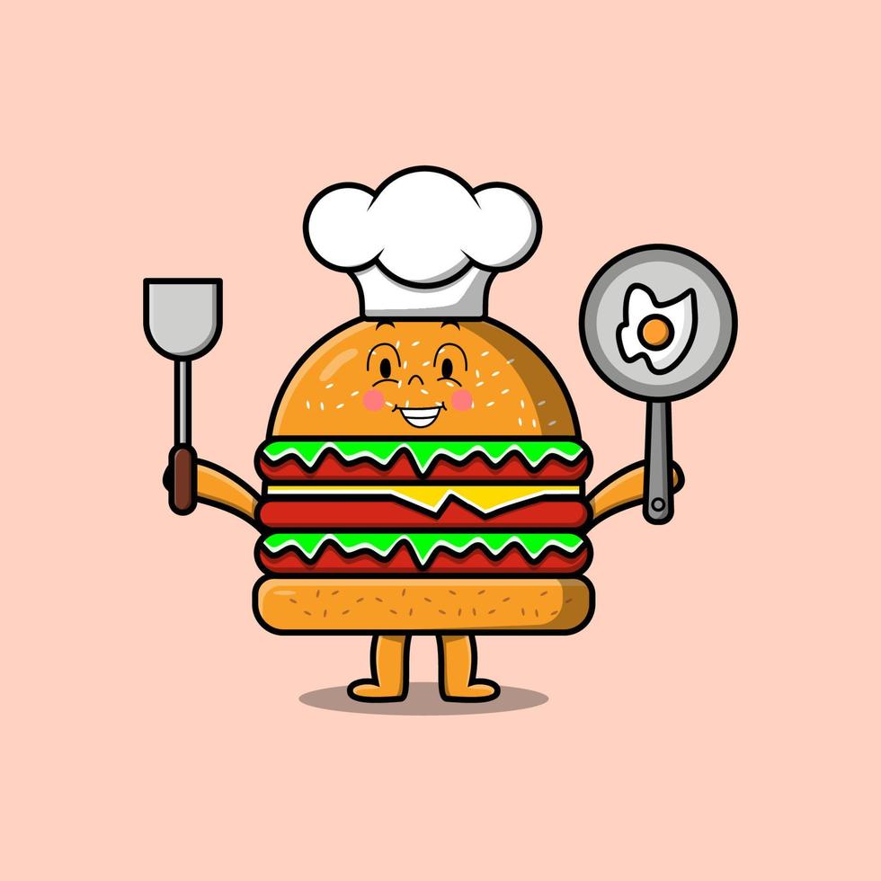 carino cartone animato hamburger capocuoco Tenere padella e spatola vettore
