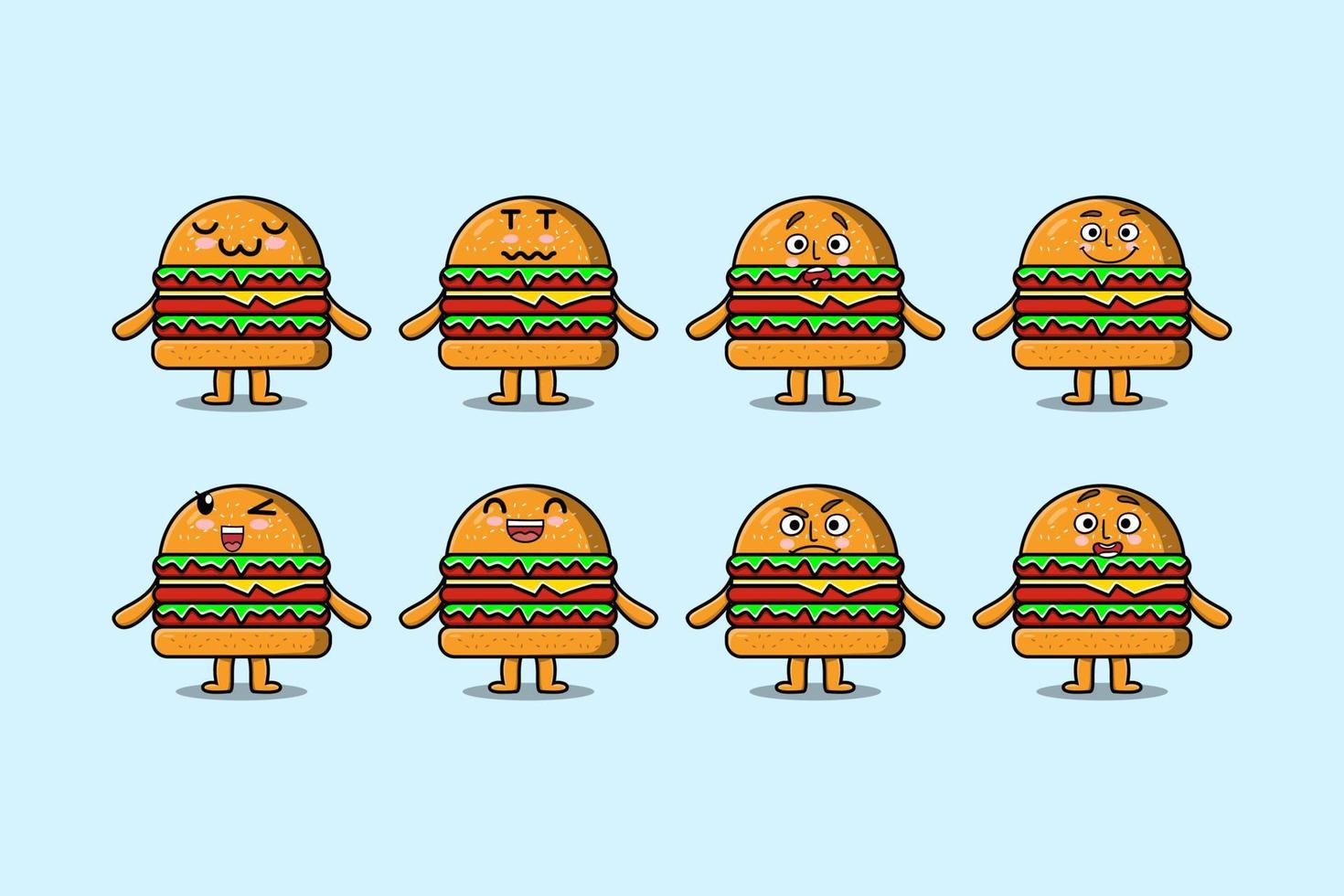 impostato kawaii hamburger cartone animato con espressioni vettore