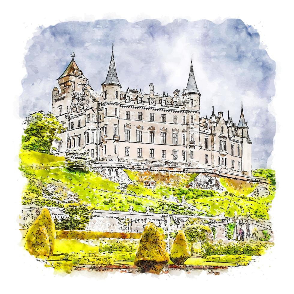 Dunrobin castello Francia acquerello schizzo mano disegnato illustrazione vettore