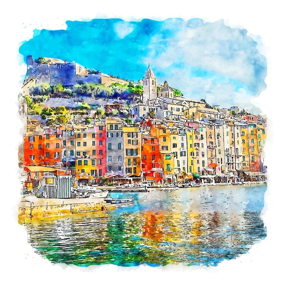 porto venere Italia acquerello schizzo mano disegnato illustrazione vettore