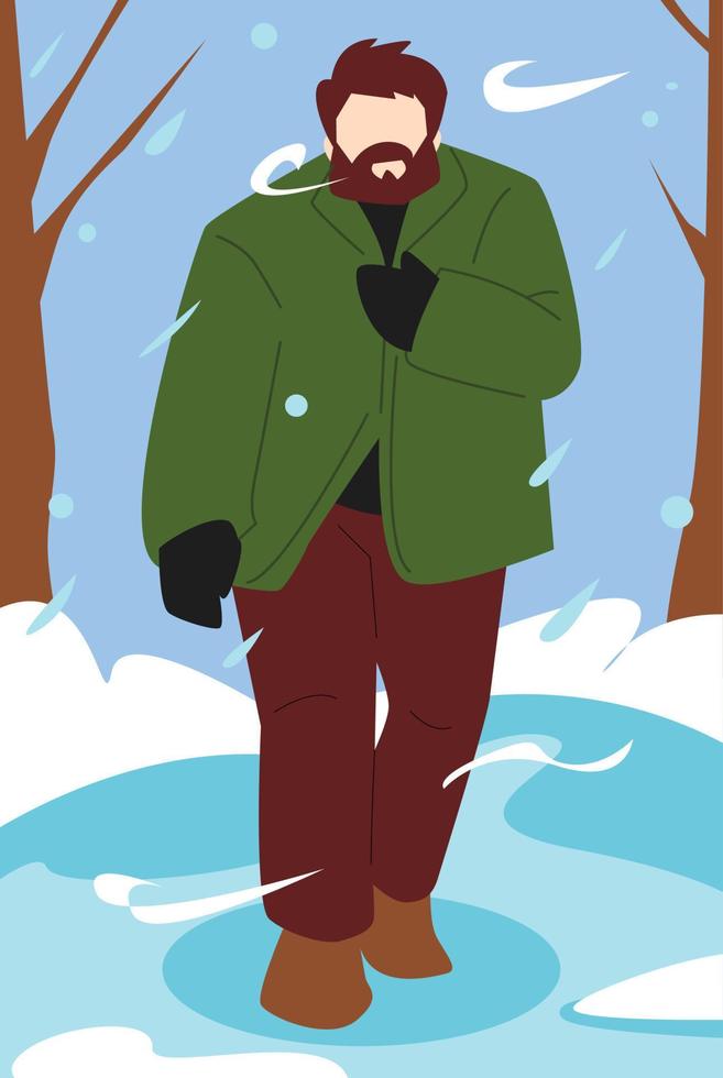 un' uomo camminare nel il neve. congelamento. albero sfondo, neve, vento. tema di Natale, inverno, tempo atmosferico, le stagioni. piatto vettore illustrazione