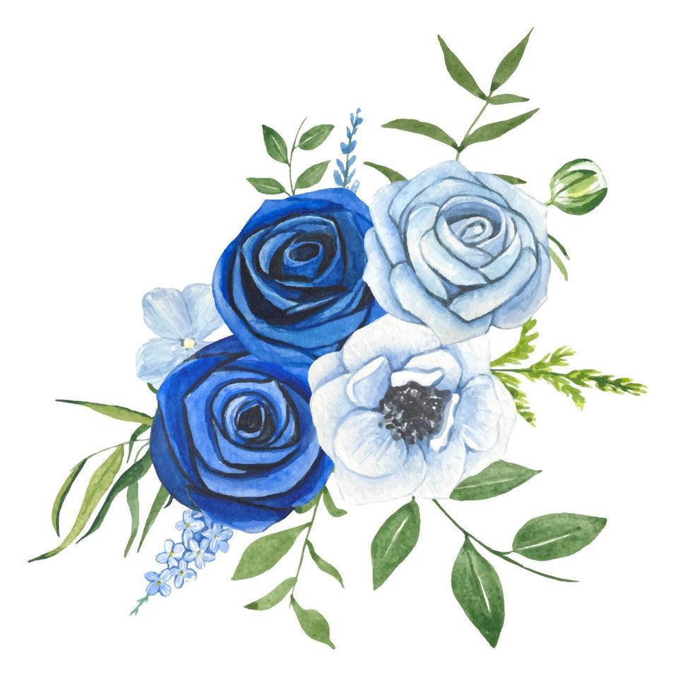 composizioni di blu Rose e bianca fiori con verde le foglie . acquerello illustrazione vettore