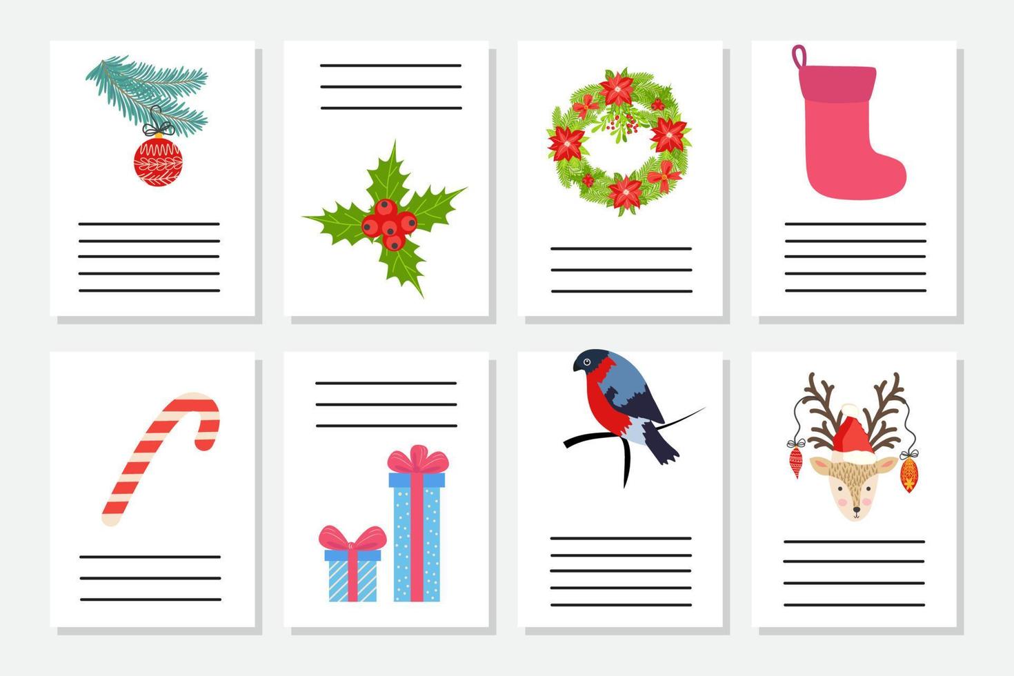 impostato di Natale saluto o invito. cartoline con nuovo anni simboli, Natale albero, fiocchi di neve, i regali, caramella canna vettore