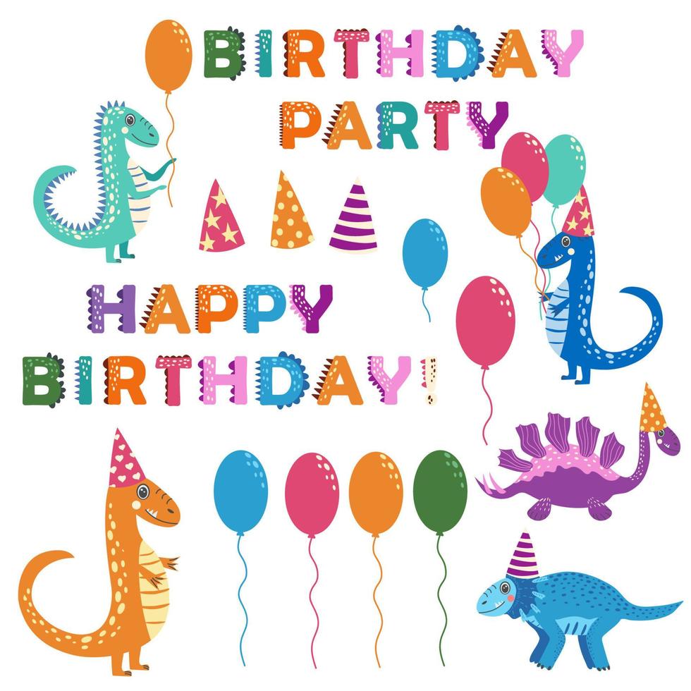 impostato di compleanno festa elementi con divertente dinosauri vettore