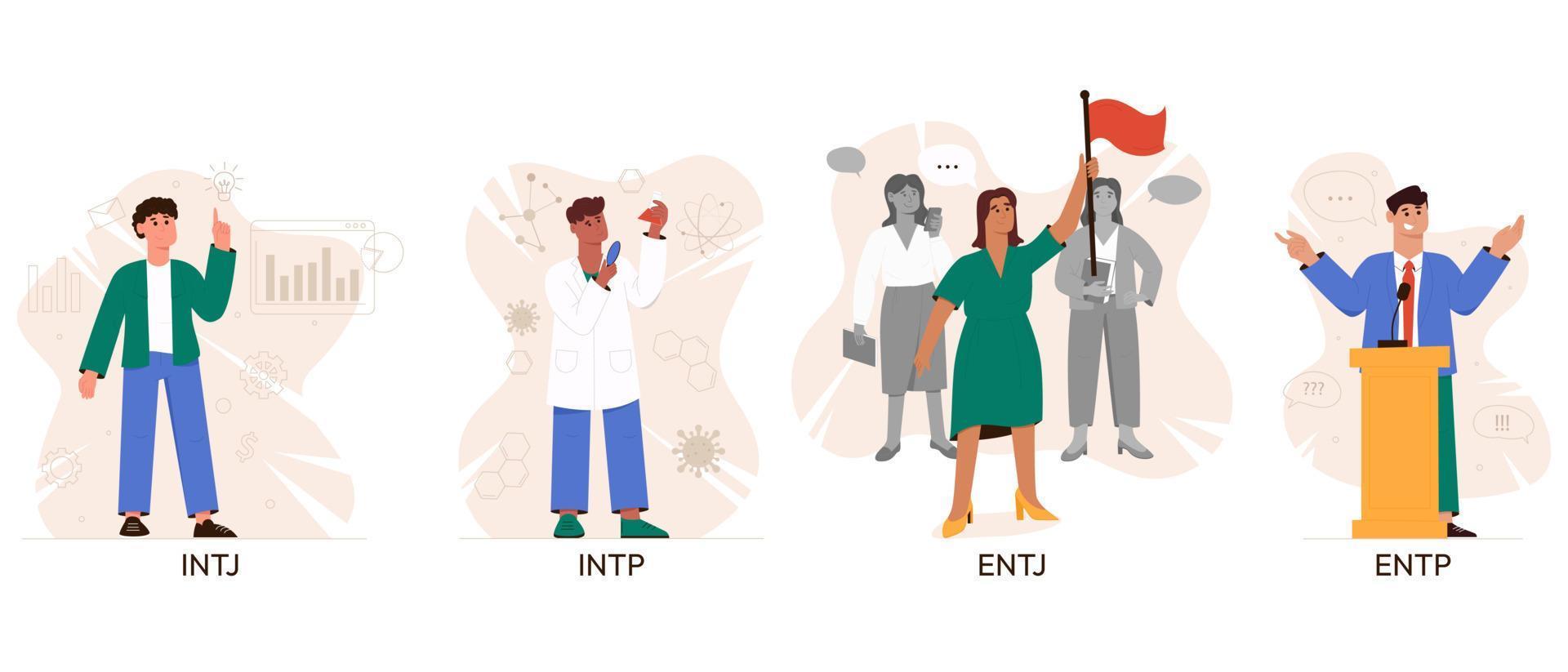 impostato di analista mbti persona tipi. socionica mbti. personalità test. mente comportamento concetto. piatto vettore illustrazione