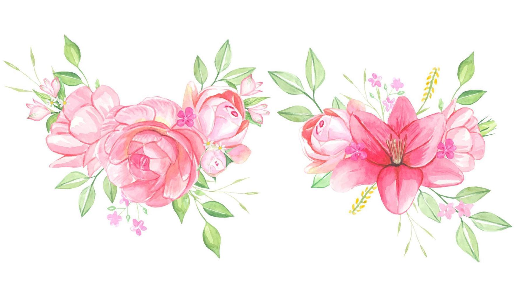 fiori ad acquerello, mazzi di fiori rosa, isolati vettore