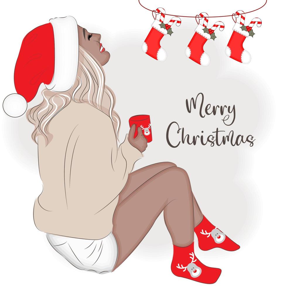 alla moda ragazza su Natale vigilia nel un' Santa cappello, alla moda vettore illustrazione