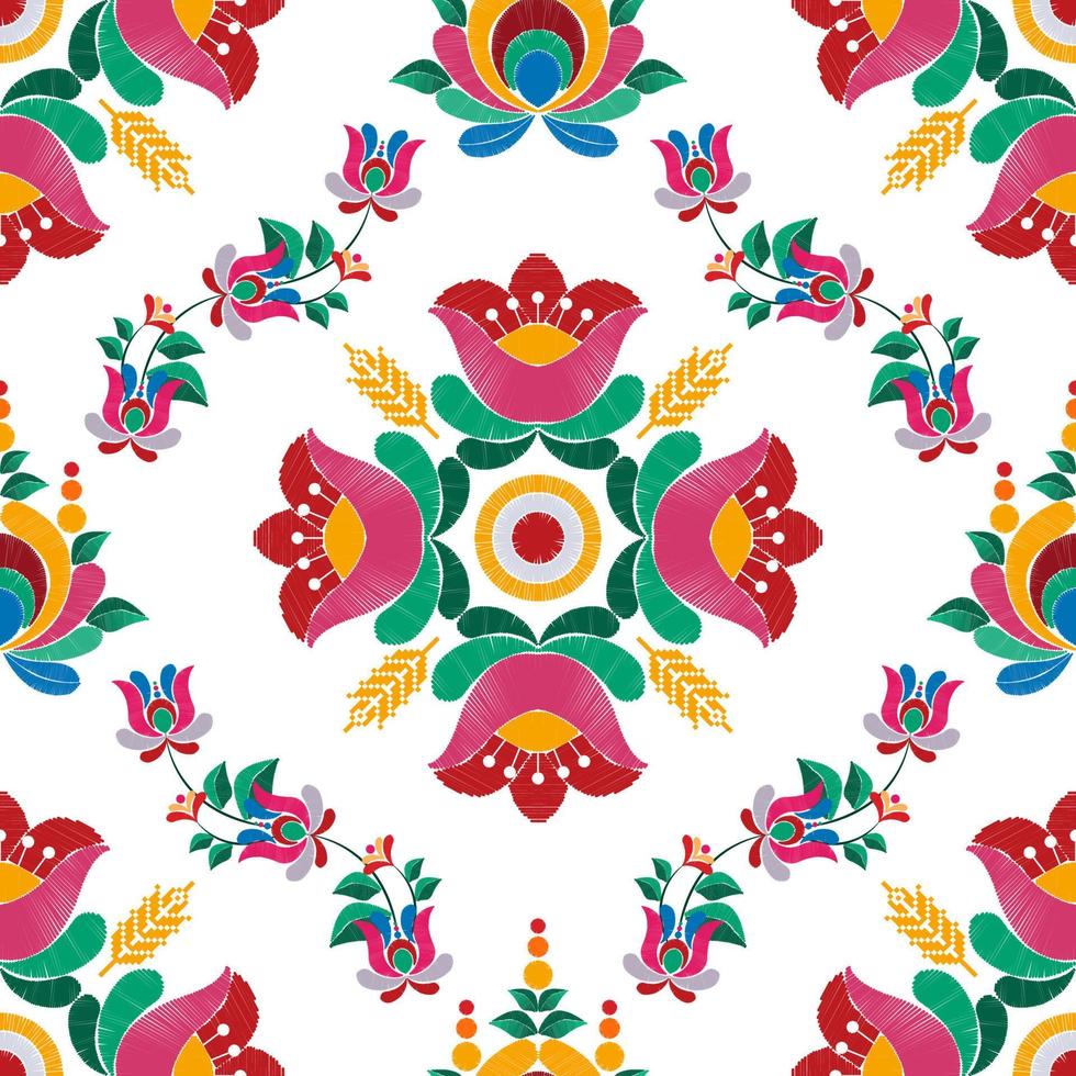 ikat etnico senza soluzione di continuità modello decorazione design. azteco tessuto tappeto boho mandala tessile arredamento sfondo. tribale nativo motivo fiore ornamenti tradizionale ricamo vettore illustrato sfondo