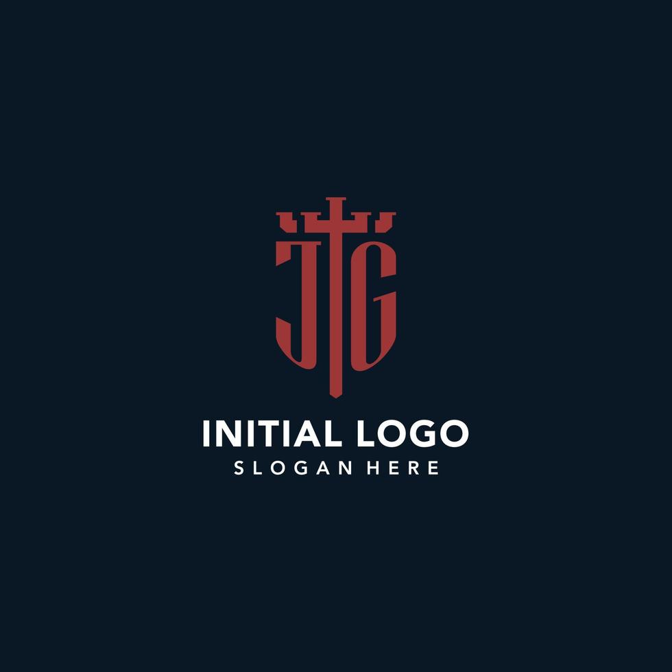 jg iniziale monogramma loghi con spada e scudo forma design vettore