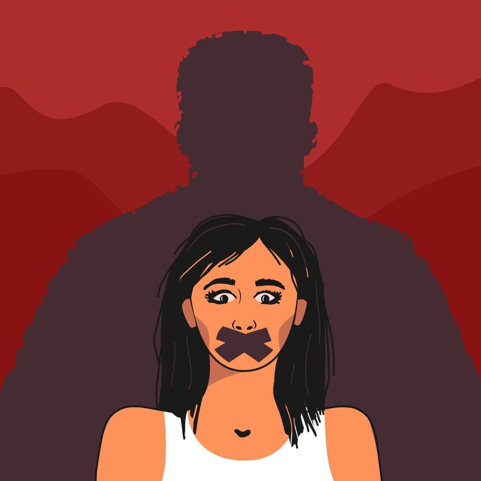 un' spaventato giovane donna con sua bocca nastrate chiuso, dietro a sua il silhouette di un' uomo, un' simbolo di il trauma di sessuale fisico violenza. vettore