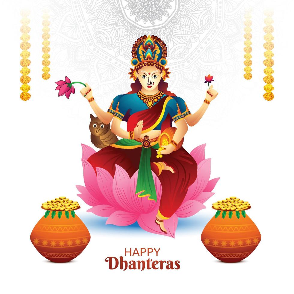 dea maa laxmi illustrazione con oro moneta nel pentola felice dhanteras sfondo vettore