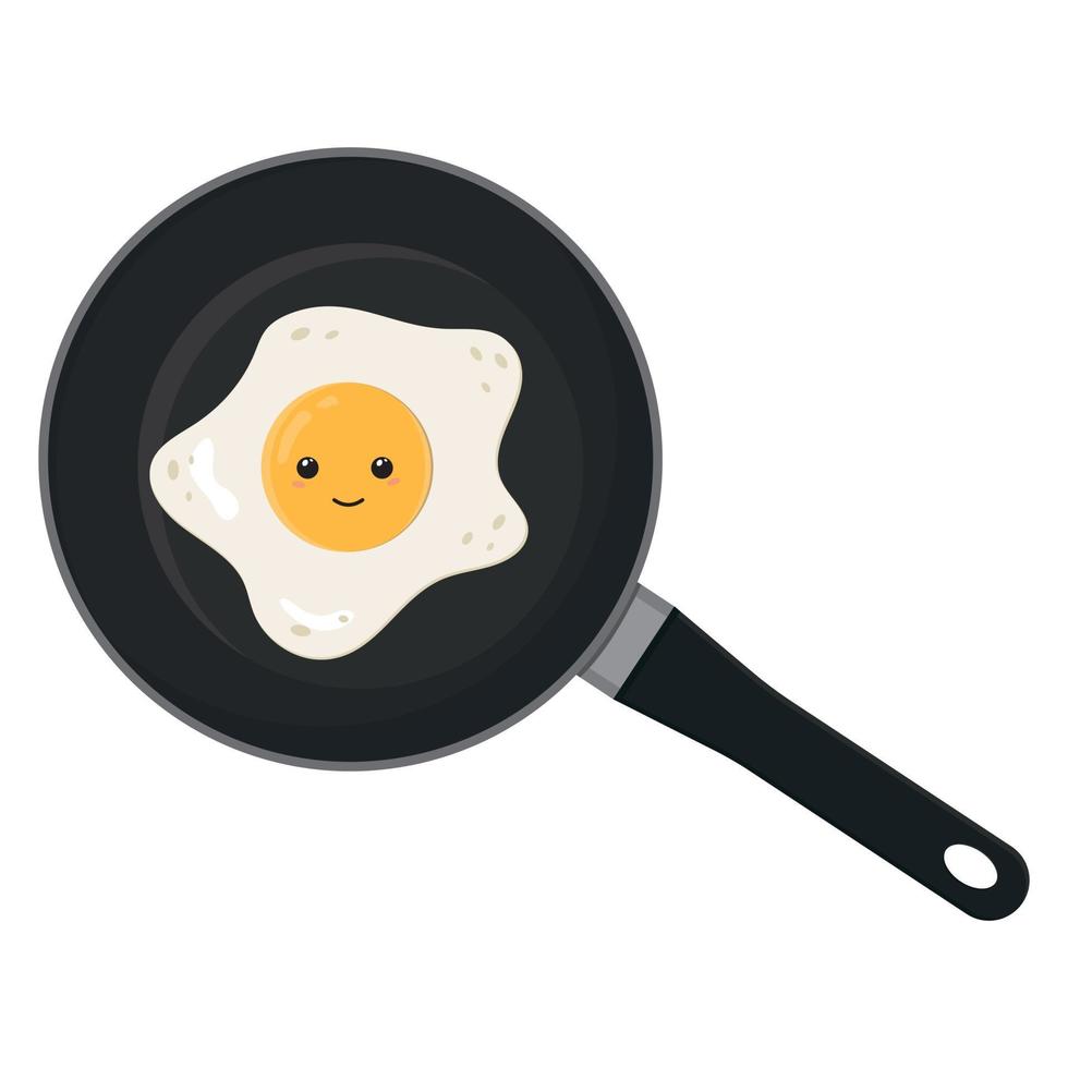 fritte uovo personaggio con kawaii occhi nel un' frittura padella, nero schema, linea, vettore illustrazione
