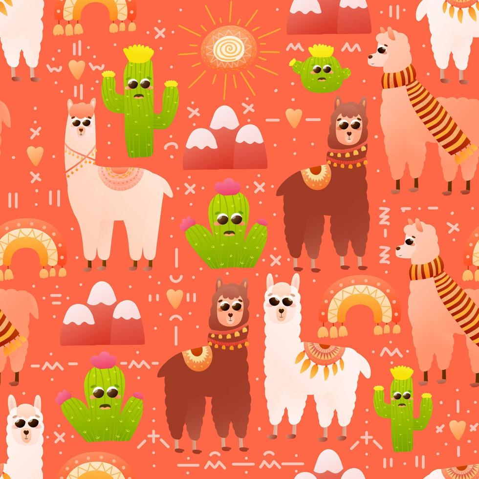 colorato Perù senza soluzione di continuità modello con alpaca e cactus, infantile carino lama con sole e arcobaleni, ornato per tessile o tessuto vettore