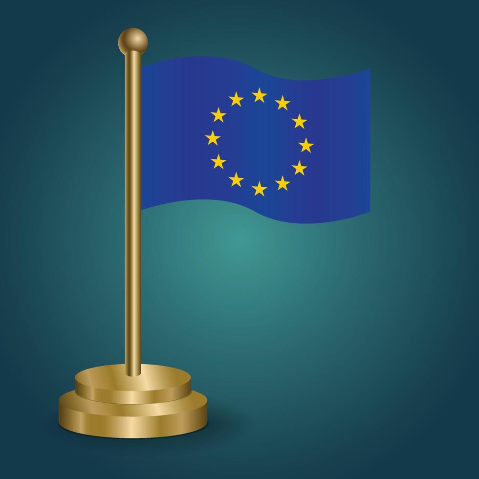 europeo unione nazionale bandiera su d'oro polo su gradazione isolato buio sfondo. tavolo bandiera, vettore illustrazione