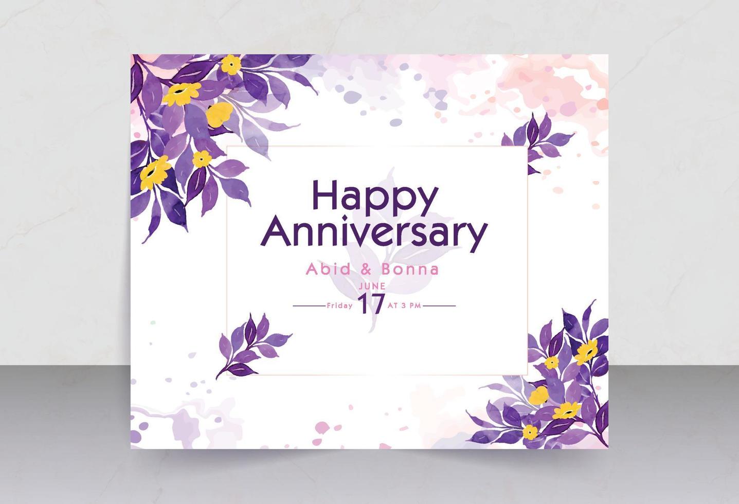 giallo fiore e viola le foglie anniversario carta con acquerello sfondo vettore