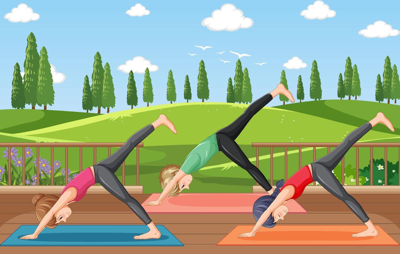 persone fare yoga a parco vettore