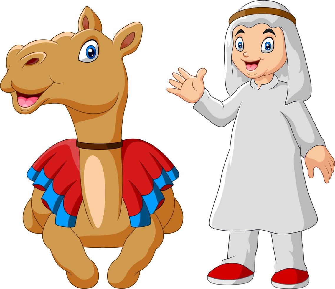 cartone animato arabo ragazzo con cammello vettore