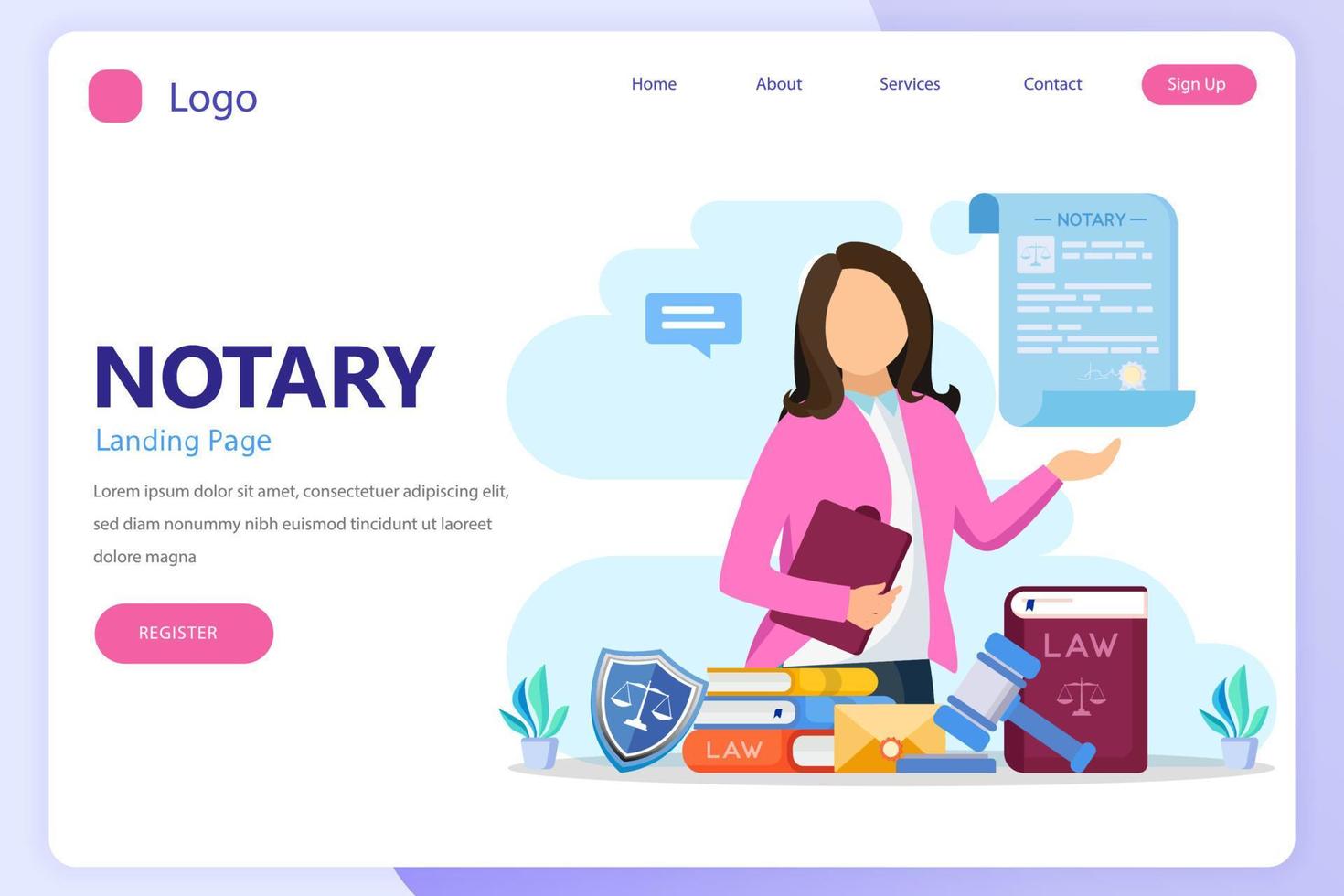 notaio Servizi e legale assistenza concetto. atterraggio pagina sito web piatto vettore modello