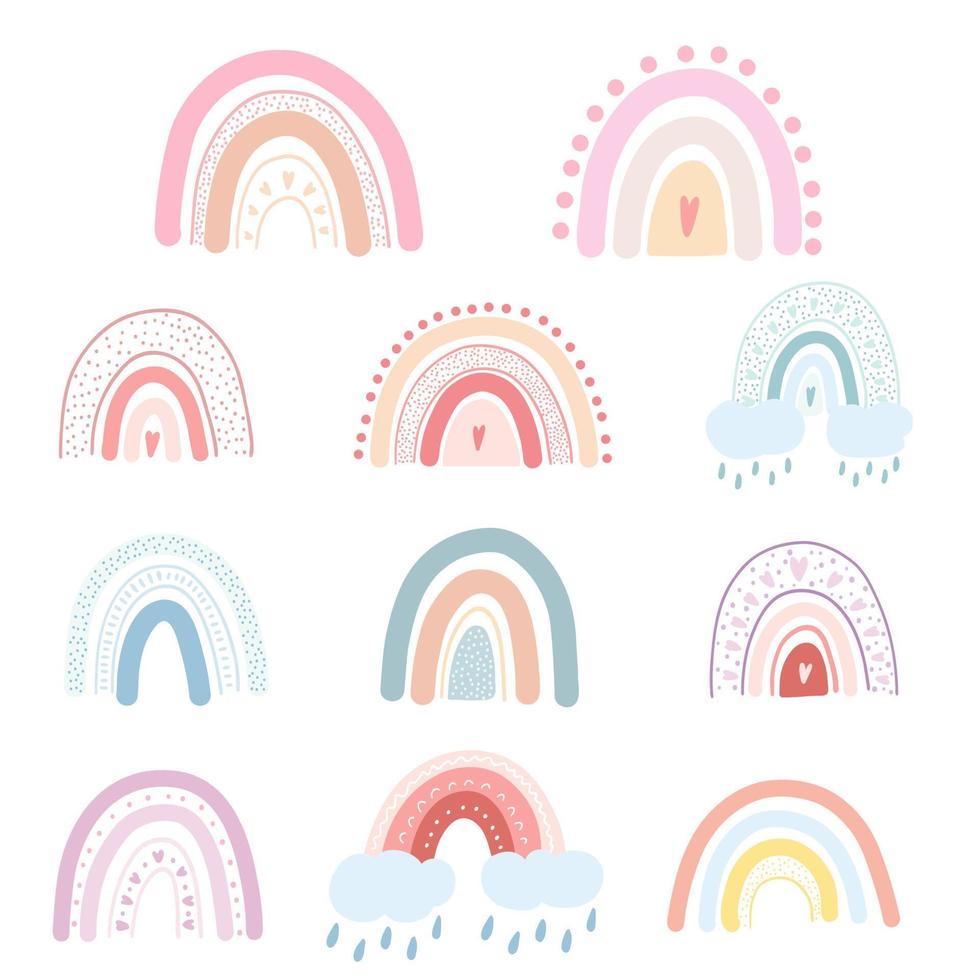 impostato di mano disegnato arcobaleni con cuori, nuvole, gocce di pioggia. vettore illustrazione di colorato pastello arcobaleno infantile scandinavo stile per tessuto Stampa, abbigliamento, bambini tessile disegno, carta