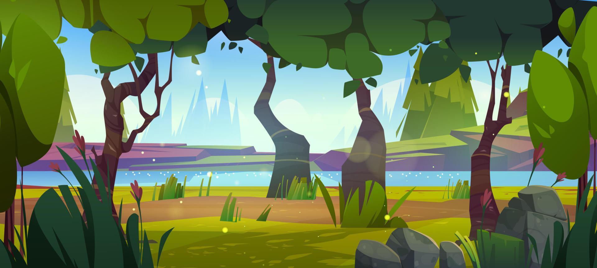 cartone animato natura paesaggio con foresta e fiume vettore