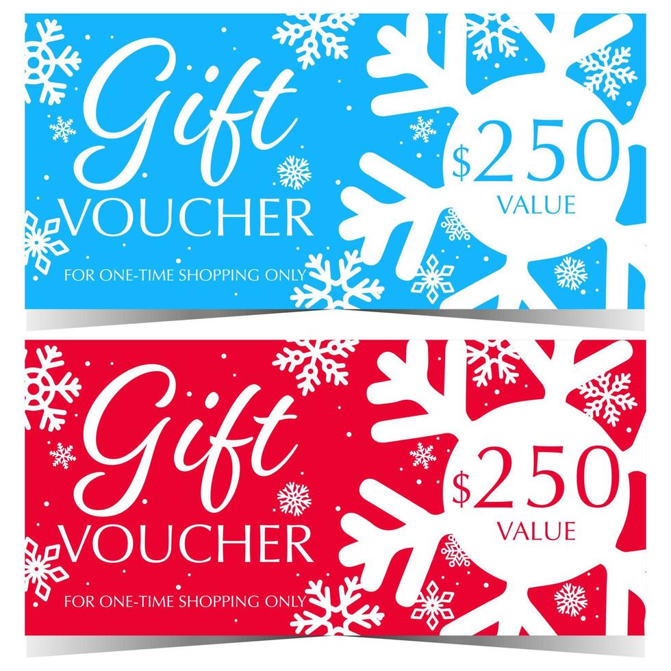 regalo voucher; tagliando o regalo carta per Natale e nuovo anno vacanza shopping stagione. vettore orizzontale buono o certificato con grande bianca fiocco di neve su blu o rosso sfondo per inverno vendita e sconto.