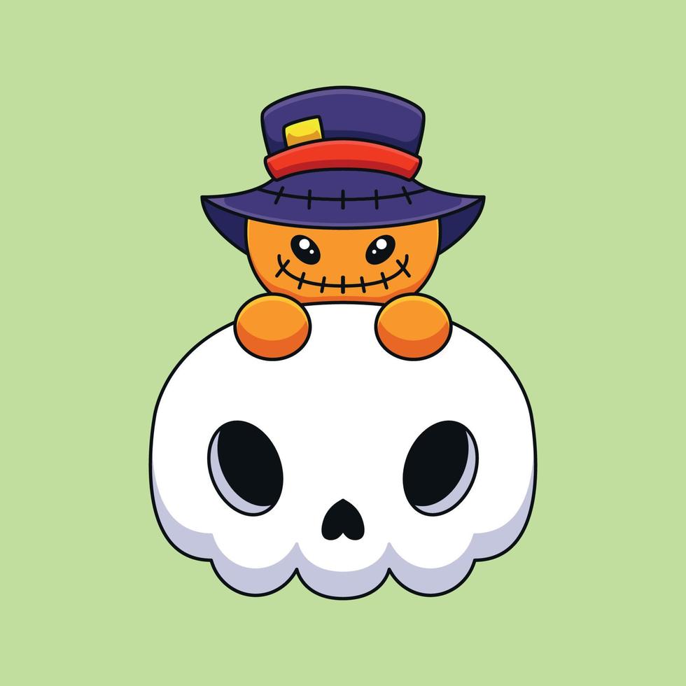 carino cranio spaventapasseri Halloween cartone animato portafortuna scarabocchio arte mano disegnato concetto vettore kawaii icona illustrazione