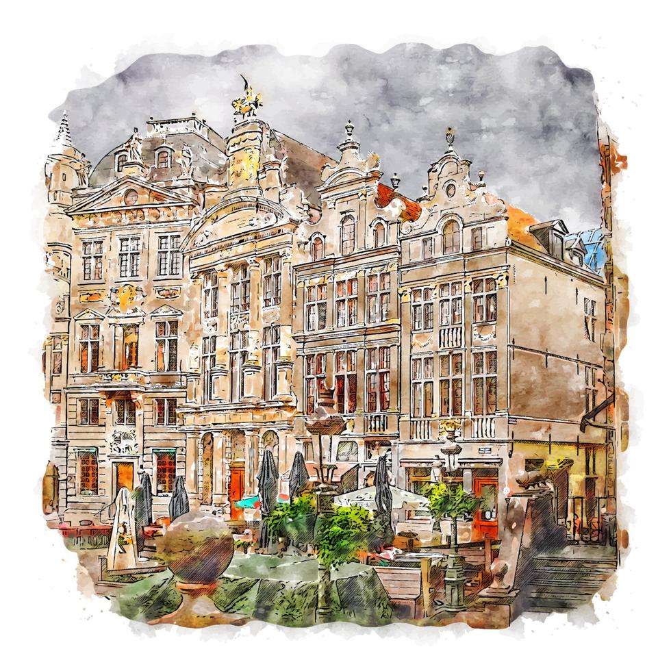illustrazione disegnata a mano di schizzo dell'acquerello di grand place belgio vettore