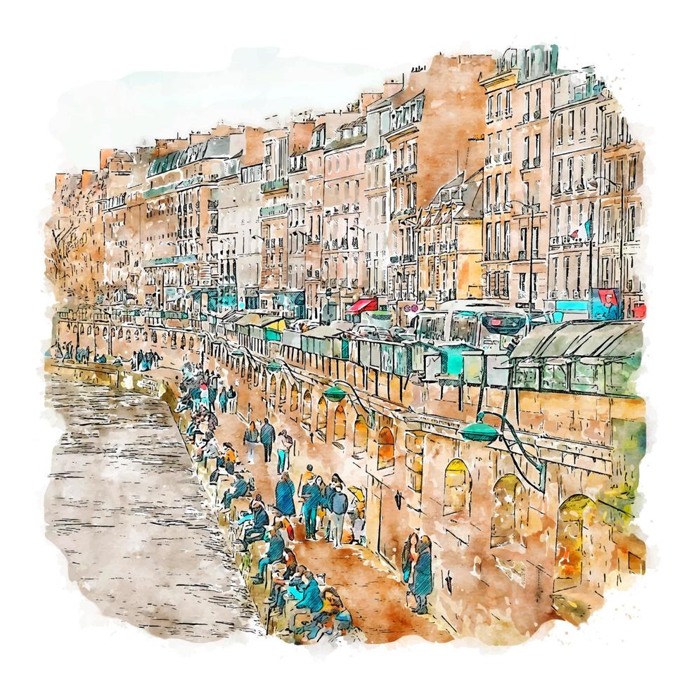 illustrazione disegnata a mano di schizzo dell'acquerello di architettura parigi francia vettore