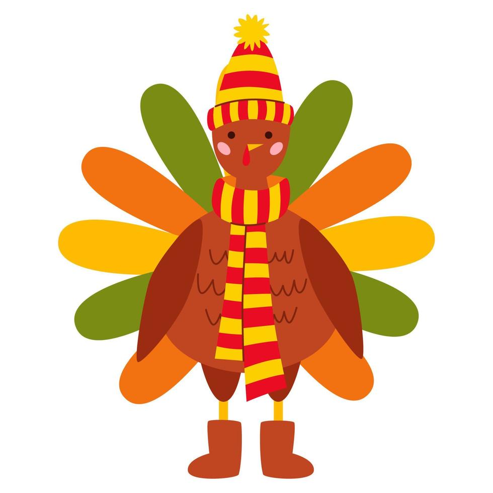 pellegrino tacchino ringraziamento. uccello personaggio nel un' a strisce cappello con un' pompon, un' sciarpa e ugg stivali. vettore cartone animato illustrazione, autunno design.