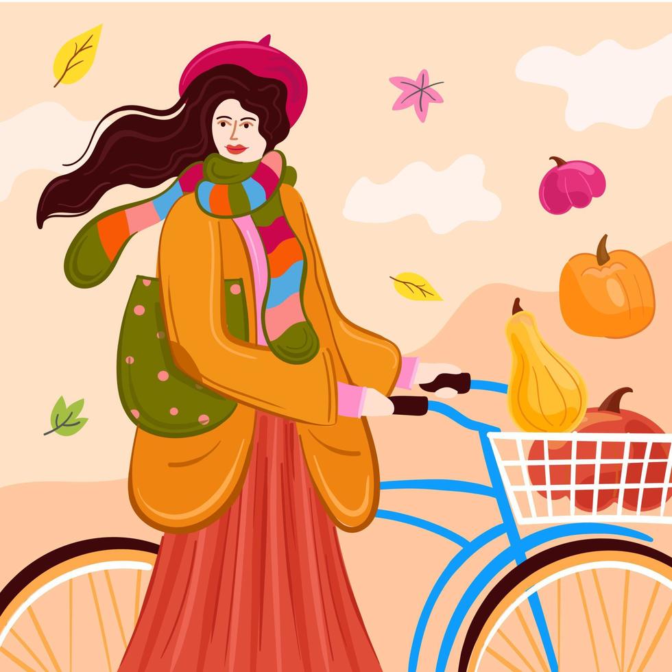 vettore illustrazione donna nel autunno Abiti con cestino, zucca, bicicletta a piedi nel il parco.