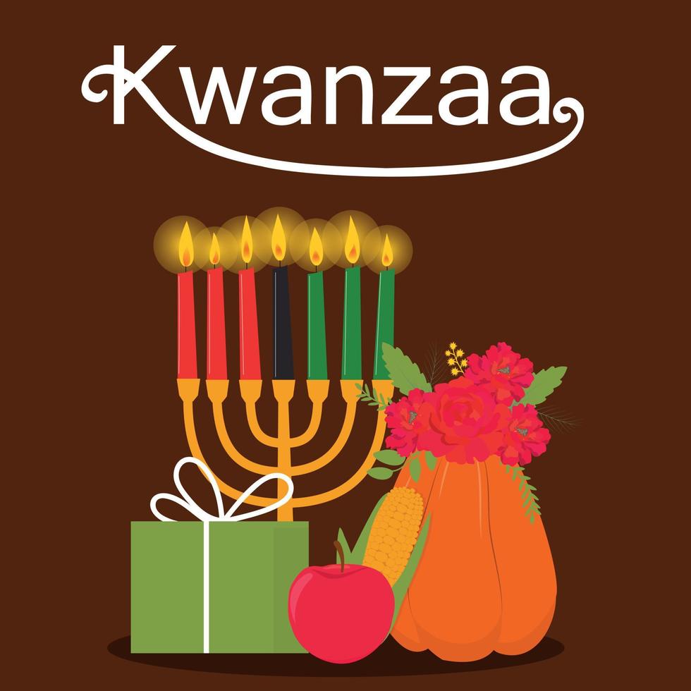 Kwanzaa vettore piatto illustrazione su Marrone sfondo con zucca, Mela e pacco regalo.