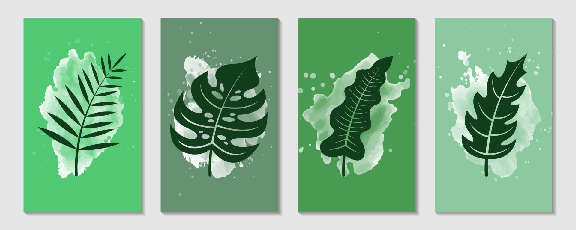 impostato di creativo minimalista illustrazione di verde le foglie mescolanza con acquerello per parete decorazione, manifesto o cartolina vettore