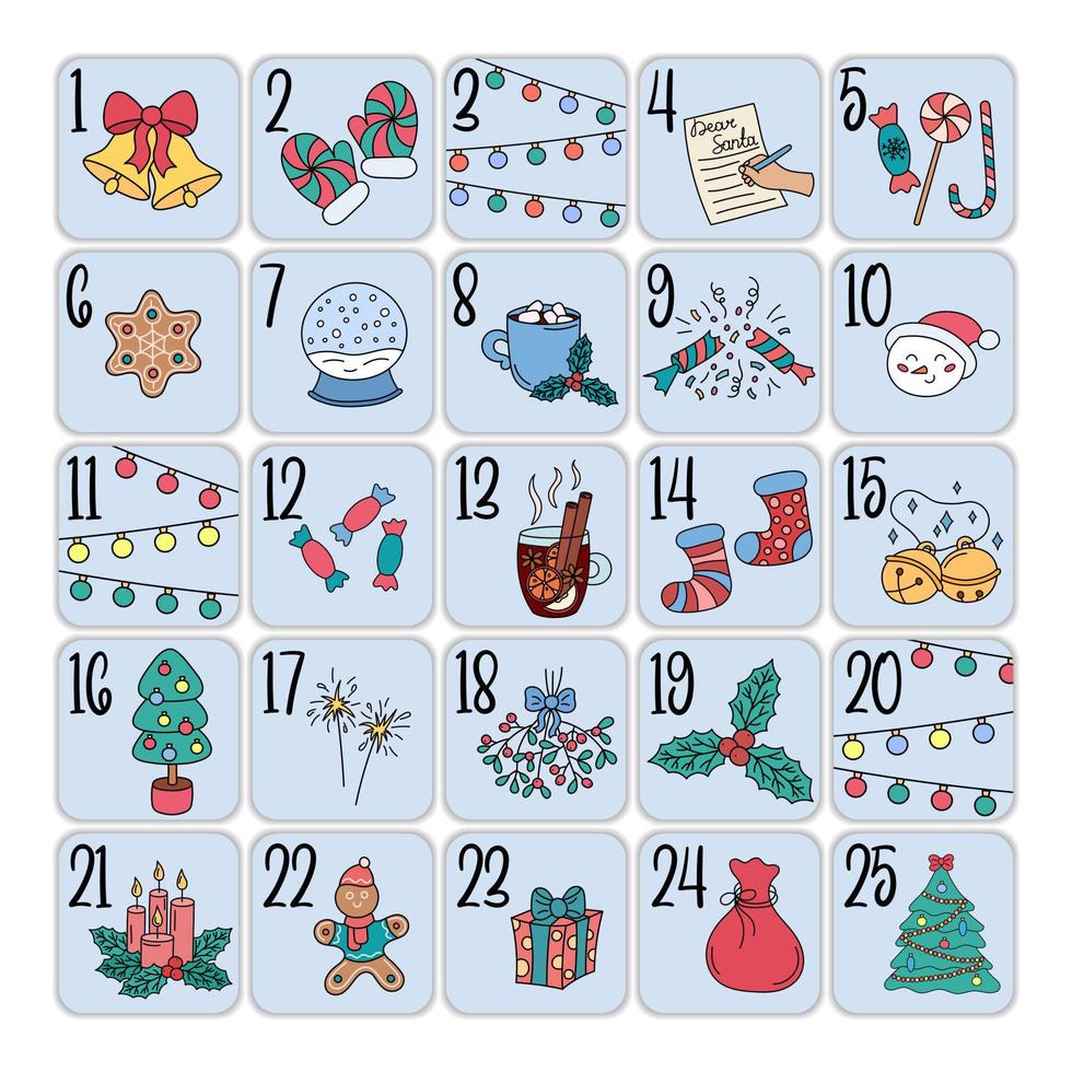 Avvento calendario per bambini. divertente Natale scarabocchio elementi. natale numeri a partire dal 1 per 25. vettore illustrazione di vacanza mano disegnato oggetti su piazze. tradizionale dicembre conto alla rovescia 25 giorni calendario